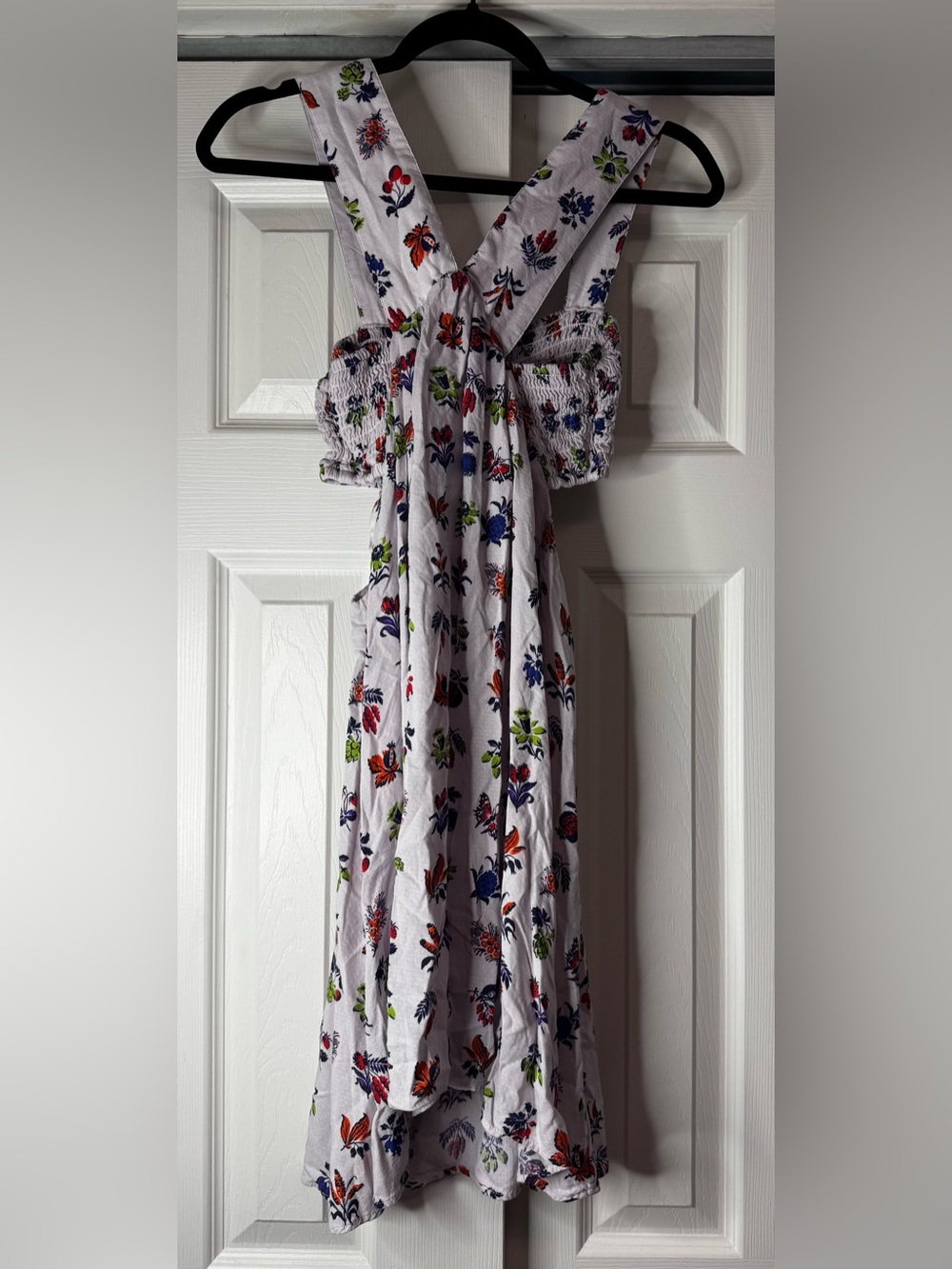 Anthropologie White with Multicolor Floral Smocked Cut Out Mini Dress - Size XS - Picture 5 of 7